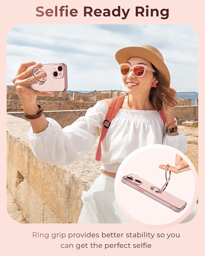 Phone Case with Double Ring Kickstand, Women Girls Bling Luxury Protective Case Heart for iPhone 14, Pink