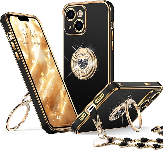 Phone Case with Double Ring Kickstand, Women Girls Bling Luxury Protective Case Heart for iPhone 14, Pink