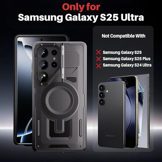 [Compatible with Magsafe][Camera Cover Stand][Military-Grade Drop Protection] Heavy Duty Protective Phone Case for S25 Ultra 6.9", Black