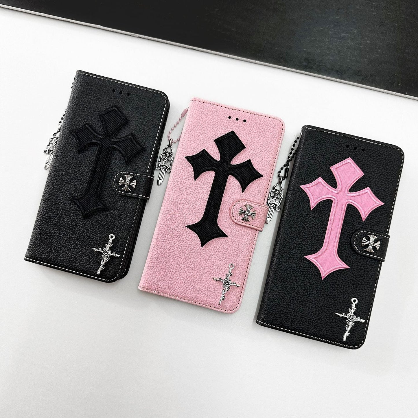 Trendy Cross Pendant Flip Card Holder Leather Case