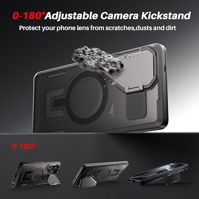 [Compatible with Magsafe][Camera Cover Stand][Military-Grade Drop Protection] Heavy Duty Protective Phone Case for S25 Ultra 6.9", Black