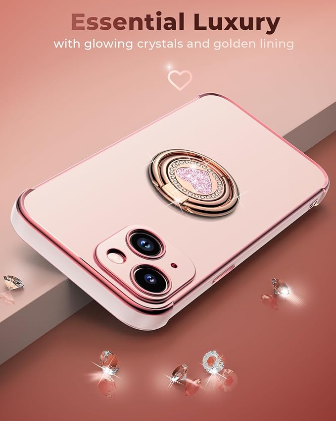 Phone Case with Double Ring Kickstand, Women Girls Bling Luxury Protective Case Heart for iPhone 14, Pink