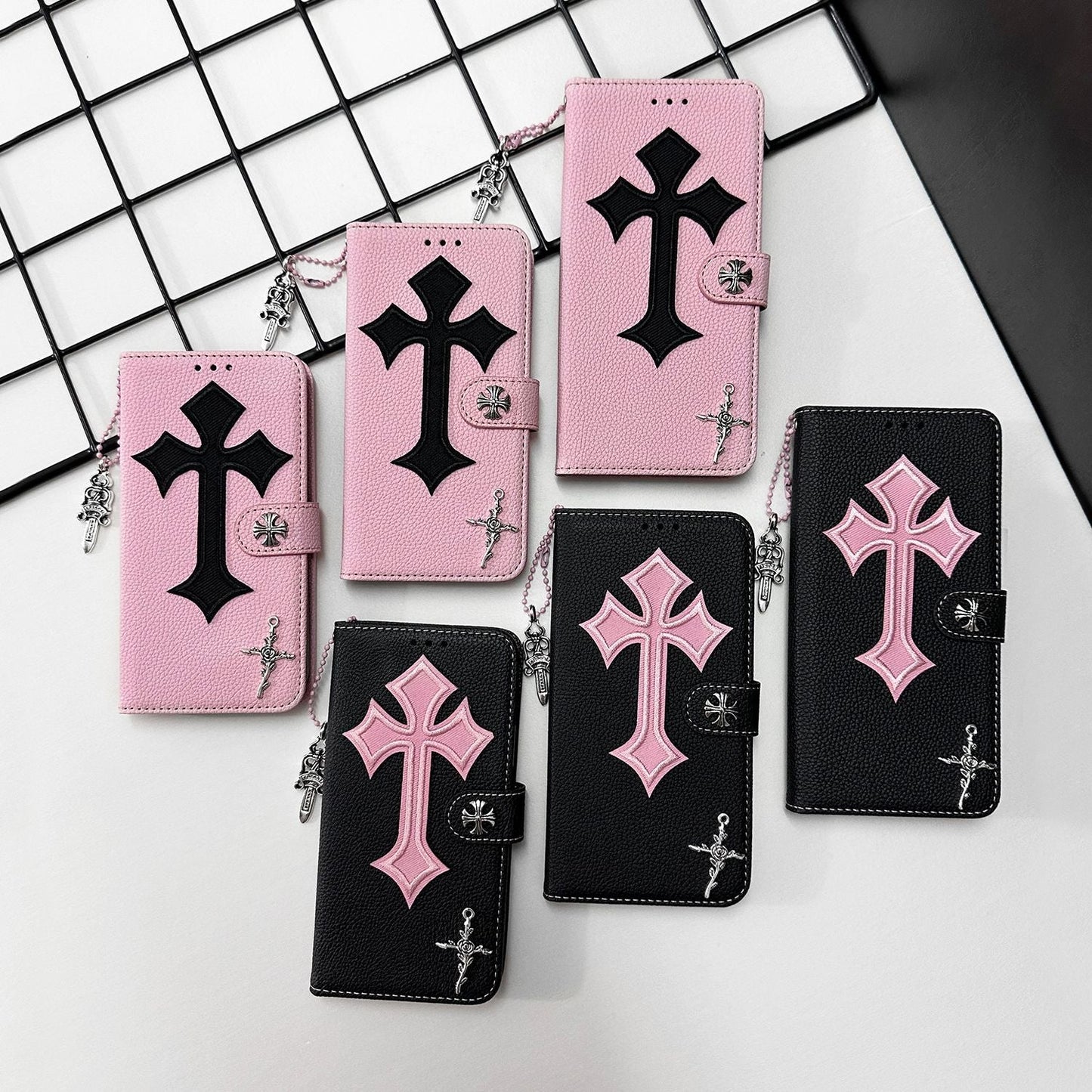 Trendy Cross Pendant Flip Card Holder Leather Case
