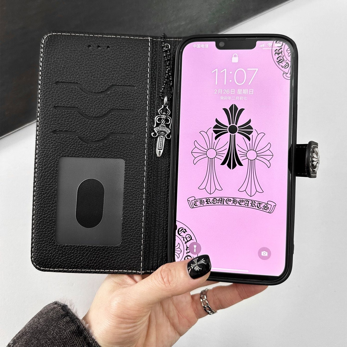 Trendy Cross Pendant Flip Card Holder Leather Case