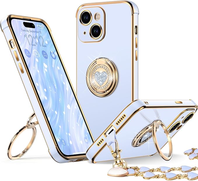 Phone Case with Double Ring Kickstand, Women Girls Bling Luxury Protective Case Heart for iPhone 14, Pink