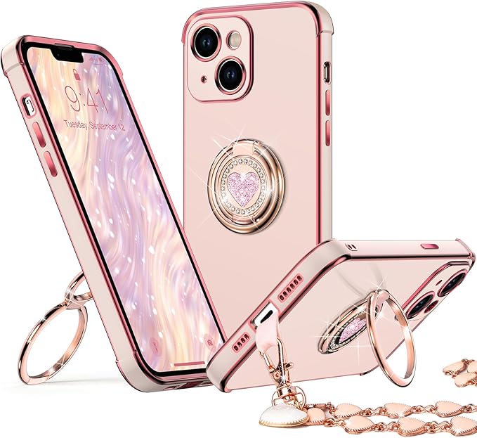 Phone Case with Double Ring Kickstand, Women Girls Bling Luxury Protective Case Heart for iPhone 14, Pink
