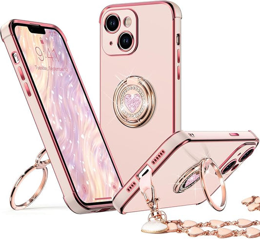 Phone Case with Double Ring Kickstand, Women Girls Bling Luxury Protective Case Heart for iPhone 14, Pink
